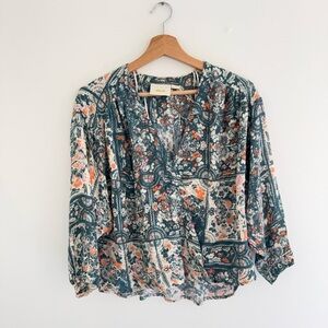 Maeve Blue Floral Knit Faux Wrap Long Sleeve Blouse Small